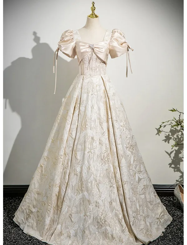 Chic / Beautiful Champagne Rhinestone Printing Prom Dresses 2025 Ball Gown Square Neckline Short Sleeve Backless Floor-Length / Long Prom Formal Dresses