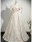 Chic / Beautiful Champagne Rhinestone Printing Prom Dresses 2025 Ball Gown Square Neckline Short Sleeve Backless Floor-Length / Long Prom Formal Dresses