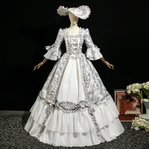 Vintage Retro Medieval Ivory Printing Bow Prom Dresses 2025 Ball Gown Square Neckline Bell Sleeves Floor Length Long Prom Formal Dresses