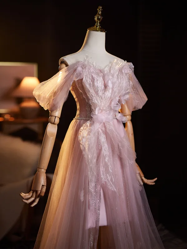 Schöne Rosa Perle Strass Pailletten Applikationen Gespaltete Front Ballkleider 2025 A Linie Off Shoulder Ärmellos Rückenfreies Lange Ball Festliche Kleider
