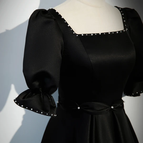 Chic / Beautiful Black Pearl Satin Evening Dresses 2023 A-Line / Princess Square Neckline Short Sleeve Backless Floor-Length / Long Evening Party Formal Dresses