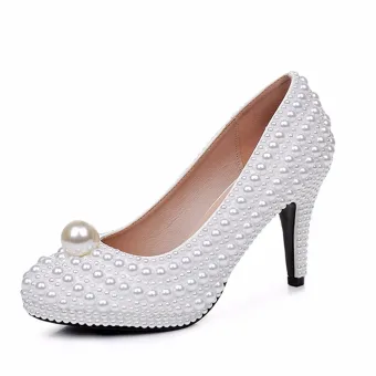 Élégant Blanche Perle Chaussure De Mariée 2025 9 Cm Talons Aiguilles À Bout Rond Mariage Escarpins Talons Hauts