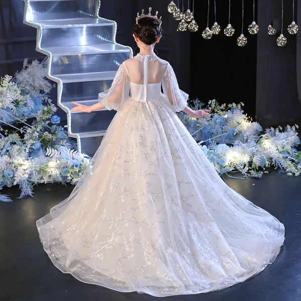 Charming Ivory Prom Flower Girl Dresses 2022 Ball Gown High Neck 1/2 Sleeves Beading Pearl Sequins Floor-Length / Long Flower Girl Dresses