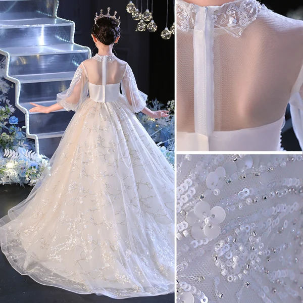 Charming Ivory Prom Flower Girl Dresses 2022 Ball Gown High Neck 1/2 Sleeves Beading Pearl Sequins Floor-Length / Long Flower Girl Dresses