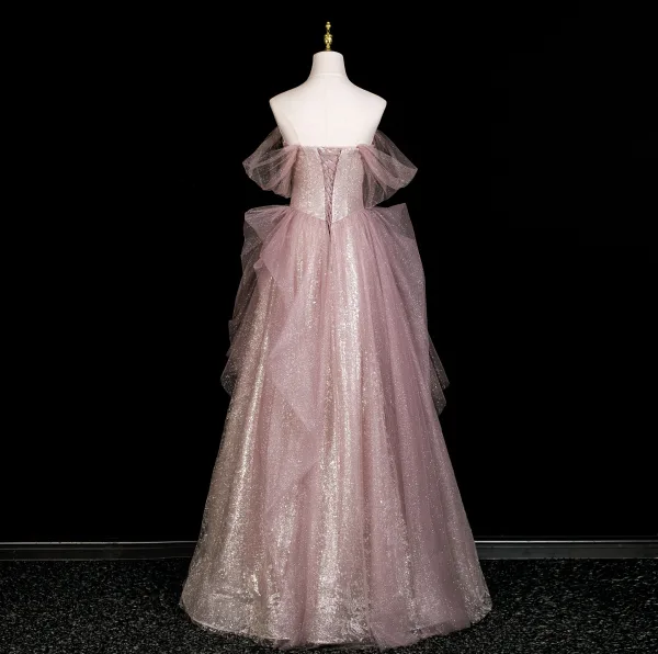 Scintillantes Haut de Gamme Rougissant Rose Faux Diamant Paillettes Robe De Soirée 2025 Princesse Bustier Sans Manches Dos Nu Longue Soirée Robe De Ceremonie