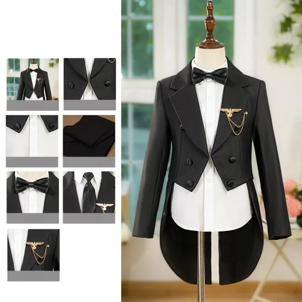 Black 6-piece Long Sleeve Boys Wedding Suits 2025 Body Jewellery Coat Pants Shirt Tie Vest Wedding