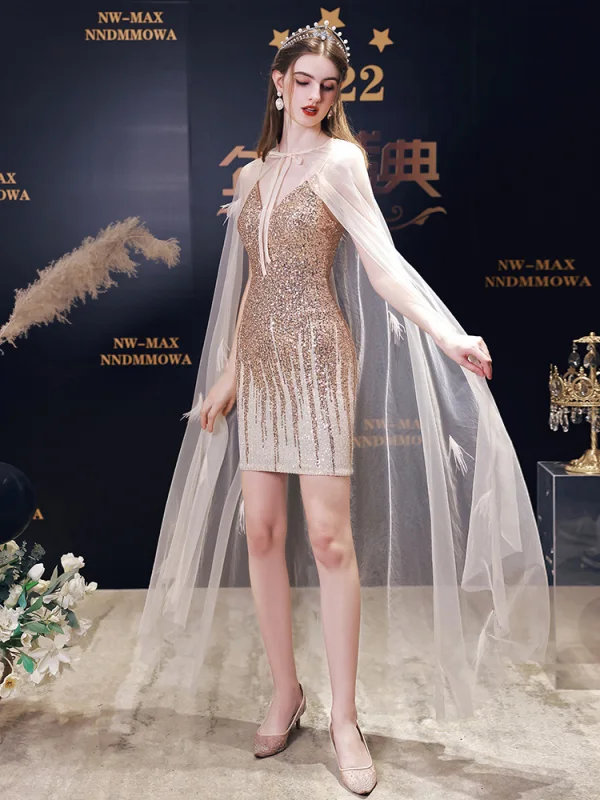 Sexy Doré Paillettes Courte Robe De Fête 2023 Bretelles Spaghetti Sans Manches Dos Nu Cocktail Soirée Robe De Ceremonie