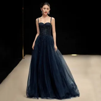 Scintillantes Sexy Bleu Marine Perlage Paillettes Robe De Soirée 2023 Princesse Bretelles Spaghetti Sans Manches Dos Nu Longue Soirée Robe De Ceremonie