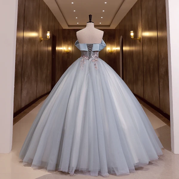 Chic / Beautiful Sky Blue Sequins Lace Flower Prom Dresses 2022 Ball Gown Strapless Sleeveless Backless Floor-Length / Long Formal Dresses