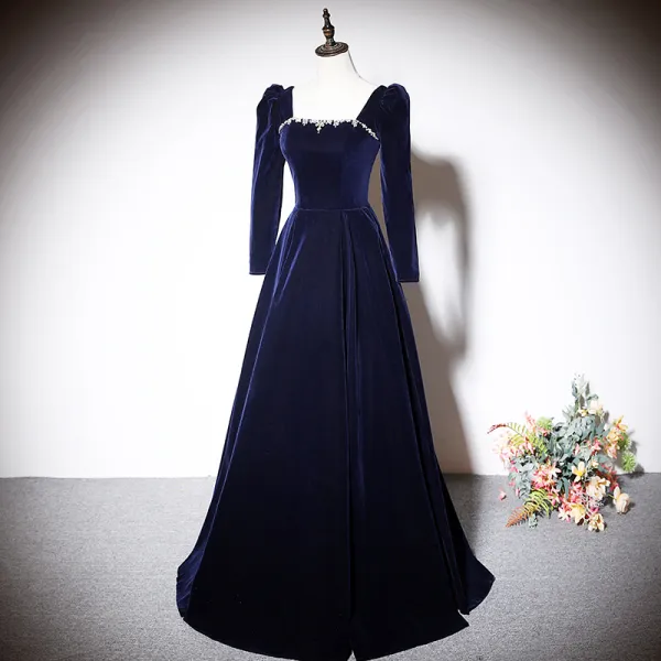 Vintage / Retro Navy Blue Suede Evening Dresses 2023 A-Line / Princess ...