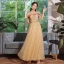 Modest / Simple Champagne Lace Flower Bridesmaid Dresses 2023 A-Line / Princess Short Sleeve Backless Floor-Length / Long Bridesmaid Dresses