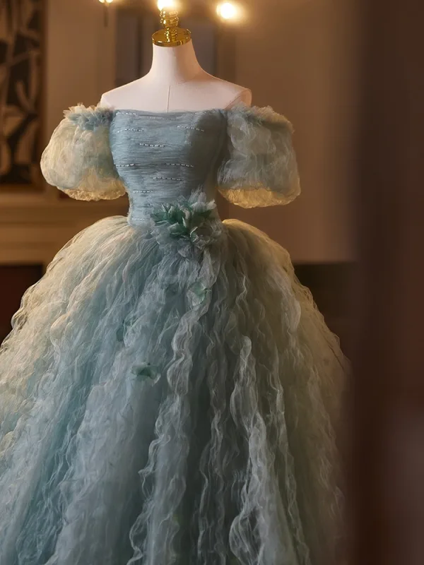 Chic / Belle Vert Cendré Appliques Volants Robe De Bal 2025 Robe Boule De l'épaule Manches Courtes Dos Nu Longue Promo Robe De Ceremonie