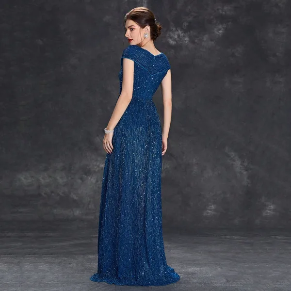 Sparkly Navy Blue Sequins Evening Dresses 2025 A-Line / Princess V-Neck Sleeveless Floor-Length / Long Evening Party Formal Dresses