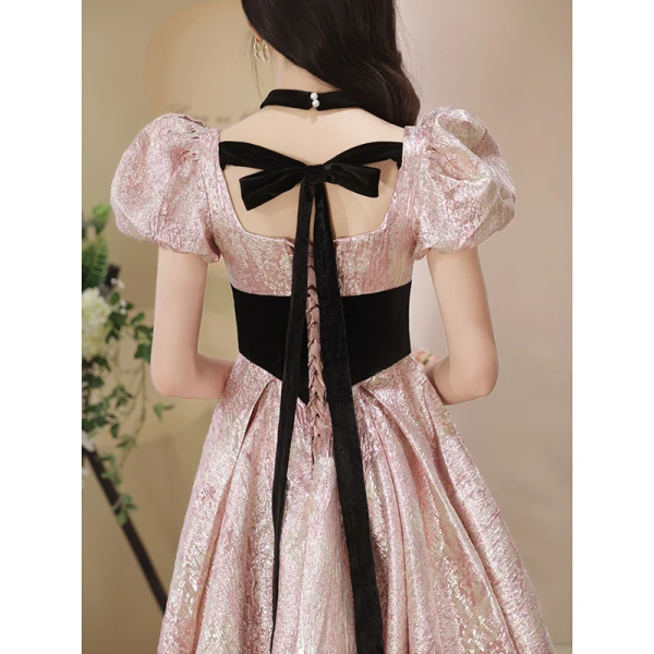 Fashion Blushing Pink Glitter Prom Dresses 2023 A-Line / Princess Square Neckline Puffy Short Sleeve Backless Bow Floor-Length / Long Formal Dresses