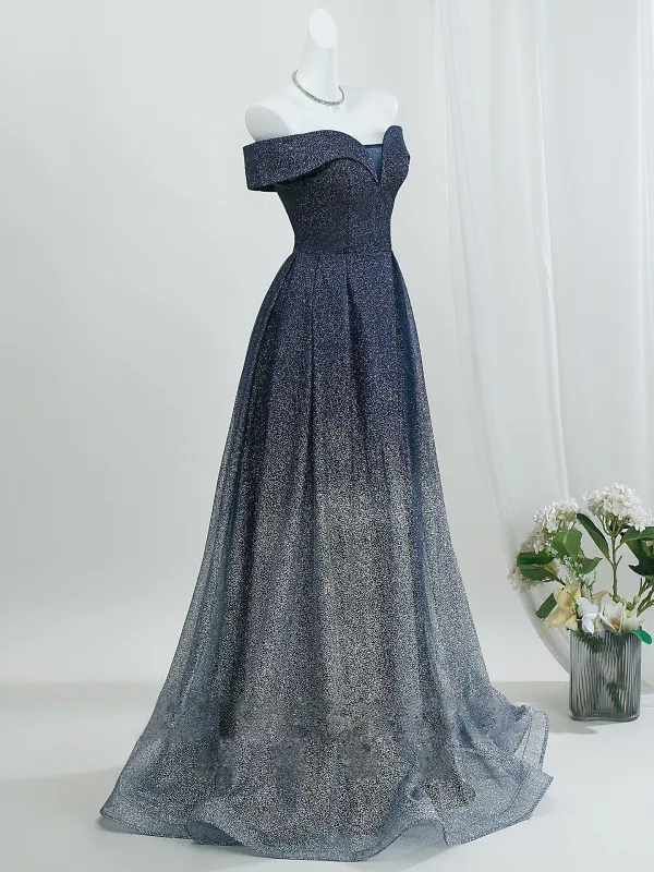 Schnittig Marineblau Glanz Sternenklarer Himmel Ballkleider 2026 A Linie Off Shoulder Ärmellos Rückenfreies Lange Festliche Kleider
