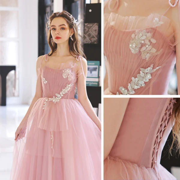 Chic / Beautiful Candy Pink Sequins Lace Flower Prom Dresses 2022 A-Line / Princess Spaghetti Straps Sleeveless Backless Floor-Length / Long Prom Formal Dresses