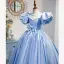 Élégant Bleu Ciel Anniversaire Robe Ceremonie Fille 2022 Robe Boule Perle Encolure Dégagée Gonflée Manches Courtes Ceinture Noeud Longue Robe Ceremonie Fille