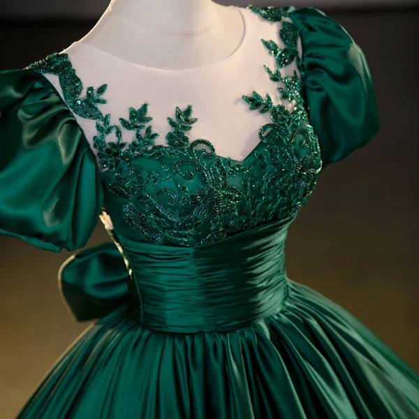 Vintage / Retro Dark Green Beading Prom Dresses 2023 Ball Gown Scoop Neck Puffy Short Sleeve Bow Floor-Length / Long Satin Prom Formal Dresses
