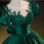 Vintage / Retro Dark Green Beading Prom Dresses 2023 Ball Gown Scoop Neck Puffy Short Sleeve Bow Floor-Length / Long Satin Prom Formal Dresses