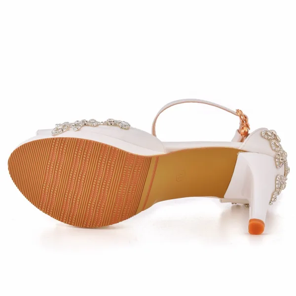 Charmant Weiß Strass Brautschuhe 2022 Knöchelriemen 10 cm Stilettos Peeptoes Hochzeit Hochhackige