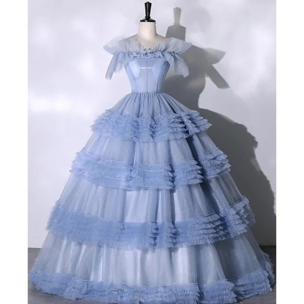 Chic / Beautiful Sky Blue Cascading Ruffles Prom Dresses 2023 Ball Gown Off-The-Shoulder Ruffle Short Sleeve Backless Floor-Length / Long Prom Formal Dresses
