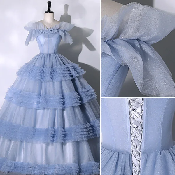 Chic / Beautiful Sky Blue Cascading Ruffles Prom Dresses 2023 Ball Gown Off-The-Shoulder Ruffle Short Sleeve Backless Floor-Length / Long Prom Formal Dresses