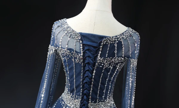 High-end Vintage / Retro Navy Blue Handmade Beading Rhinestone Sequins Prom Dresses 2024 Ball Gown Scoop Neck Sleeveless Backless Floor-Length / Long Formal Dresses