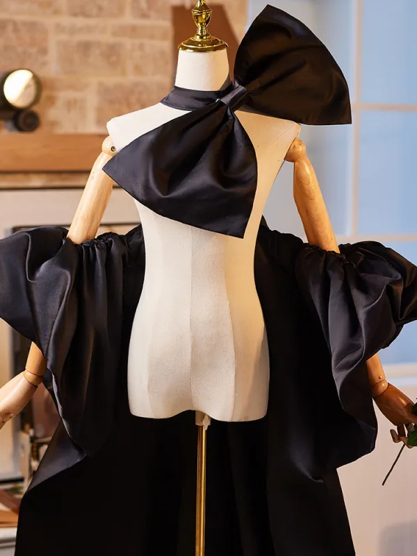 Fashion Black Handmade Satin Bow Short Sleeve Prom shawl 2025