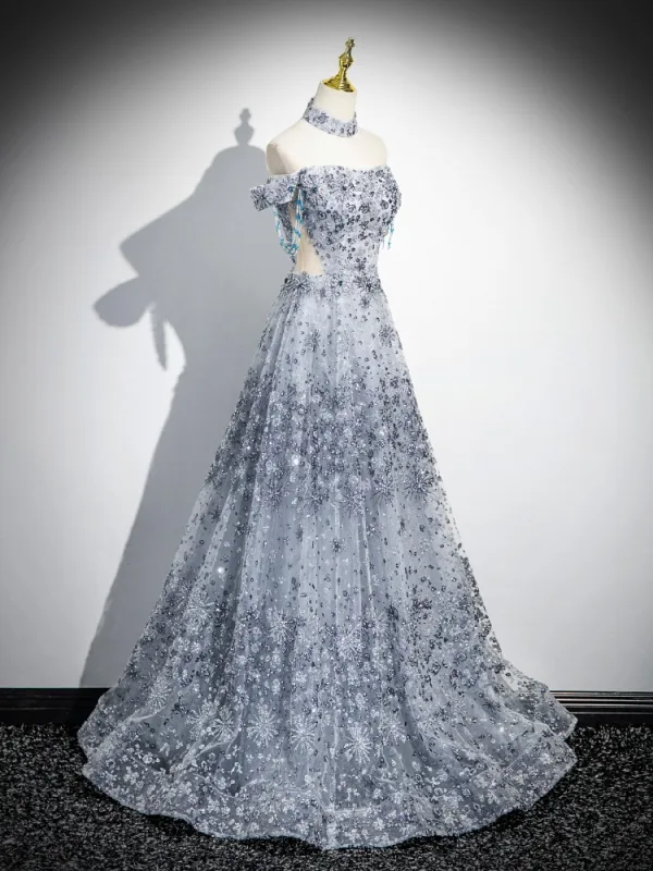 Scintillantes Bleu Ciel Perlage Paillettes Robe De Bal 2025 Princesse De l'épaule Manches Courtes Dos Nu Longue Promo Robe De Ceremonie