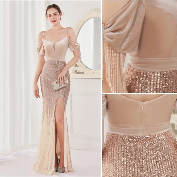 Charmant Doré Paillettes Robe De Soirée 2022 Trompette / Sirène Bretelles Spaghetti Manches Courtes Perlage Gland Dos Nu Longue Fendue devant Soirée Robe De Ceremonie
