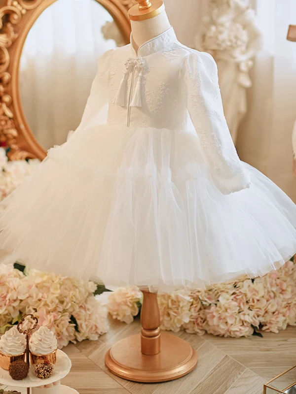 Style Chinois Blanche Courte Perle Anniversaire Robe Ceremonie Fille 2023 Robe Boule Col Haut Noeud Manches Courtes
