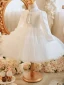 Style Chinois Blanche Courte Perle Anniversaire Robe Ceremonie Fille 2023 Robe Boule Col Haut Noeud Manches Courtes