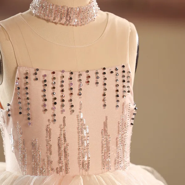 Chic / Beautiful Blushing Pink Beading Sequins Cascading Ruffles Birthday Flower Girl Dresses 2025 Ball Gown High Neck Sleeveless Backless Floor-Length / Long