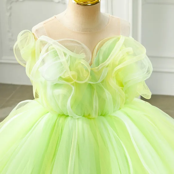 Fashion Green Cascading Ruffles Birthday Flower Girl Dresses 2024 Ball Gown Scoop Neck Sleeveless Backless Floor-Length / Long