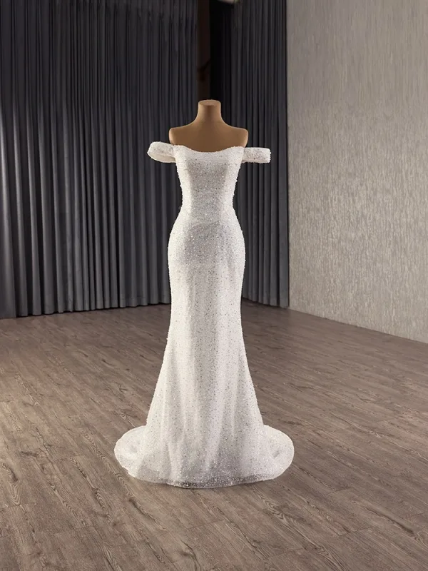 Luxe Blanche Fait main Perlage Perle Paillettes Robe De Mariée 2025 Trompette / Sirène De l'épaule Sans Manches Dos Nu Chapel Train Mariage