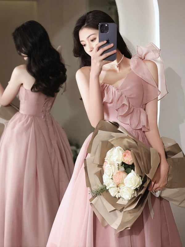 Modest / Simple Blushing Pink Prom Dresses 2023 A-Line / Princess One-Shoulder Sleeveless Backless Floor-Length / Long Prom Formal Dresses