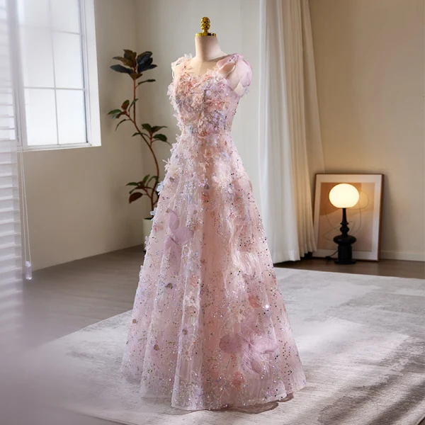 Flower Fairy Blushing Pink Appliques Sequins Prom Dresses 2023 A-Line / Princess V-Neck Sleeveless Backless Floor-Length / Long Prom Formal Dresses