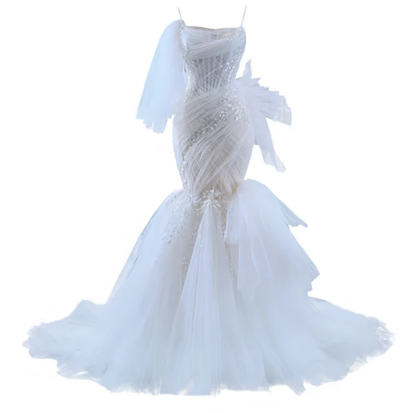 High End Charmant Weiß Perlenstickerei Pailletten Plissee Brautkleider / Hochzeitskleider 2023 Ballkleid Spaghettiträger Ärmellos Rückenfreies Hof-Schleppe Hochzeit