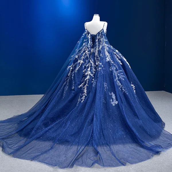 Haut de Gamme Bleu Marine Fait main Perlage Paillettes Appliques Robe De Bal 2023 Robe Boule Bretelles Spaghetti Sans Manches Dos Nu Longue Promo Robe De Ceremonie