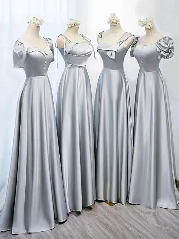 Modest / Simple Silver Grey Satin Bridesmaid Dresses 2022 A-Line / Princess Short Sleeve Backless Floor-Length / Long Wedding Party Dresses