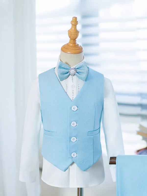 Fashion Sky Blue Rhinestone Long Sleeve 5-piece Boys Wedding Suits 2024 Coat Pants Shirt Tie Vest