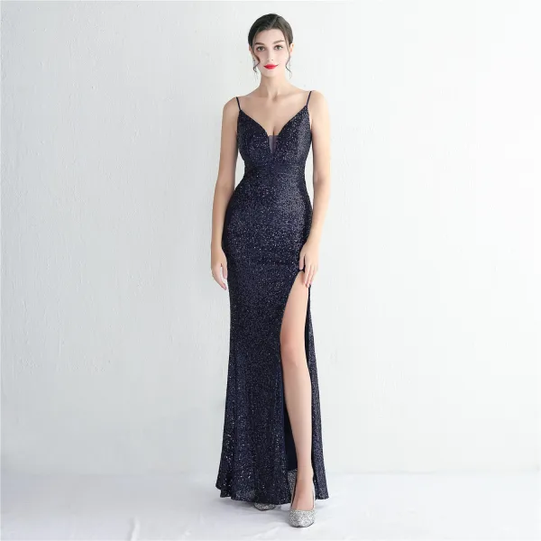 Sexy Blanche Perlage Paillettes Fendue devant Robe De Soirée 2024 Trompette / Sirène Bretelles Spaghetti Sans Manches Dos Nu Longue Soirée Robe De Ceremonie
