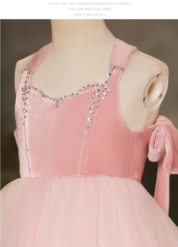 Lovely Candy Pink Rhinestone Glitter Birthday Flower Girl Dresses 2024 Ball Gown Square Neckline Sleeveless Backless Tea-length