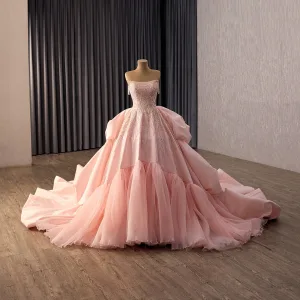 Luxe Rougissant Rose Fait Main Perlage Paillettes Volants En Cascade Robe De Bal 2026 Robe Boule Bustier Sans Manches Dos Nu Royal Train Robe De Ceremonie
