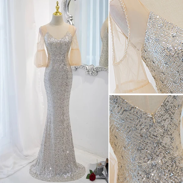 Sexy Silver Sequins Evening Dresses 2023 Trumpet / Mermaid V-Neck Short Sleeve Backless Floor-Length / Long Evening Party Formal Dresses