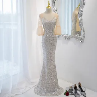 Sexy Argenté Paillettes Robe De Soirée 2023 Trompette Sirène V Cou Manches Courtes Dos Nu Longue Soirée Robe De Ceremonie
