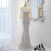 Sexy Silver Sequins Evening Dresses 2023 Trumpet / Mermaid V-Neck Short Sleeve Backless Floor-Length / Long Evening Party Formal Dresses