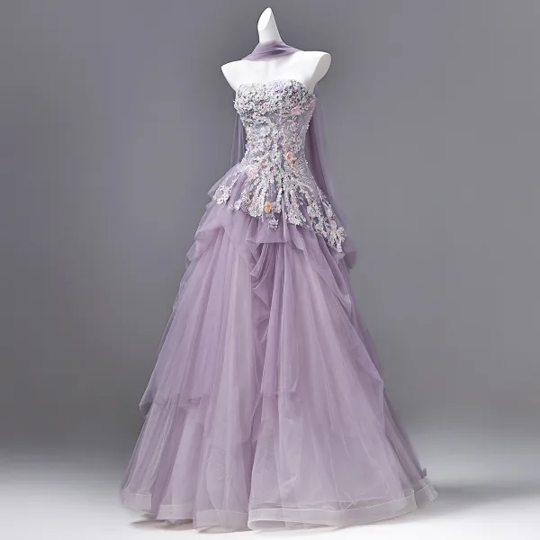 Flower Fairy Lavender Appliques Sequins Prom Dresses 2026 Ball Gown Strapless Sleeveless Backless Floor-Length / Long Formal Dresses