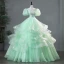 Elegant Sage Green Lace Flower Cascading Ruffles Prom Dresses 2024 Ball Gown Square Neckline Puffy Short Sleeve Backless Floor-Length / Long Prom Formal Dresses