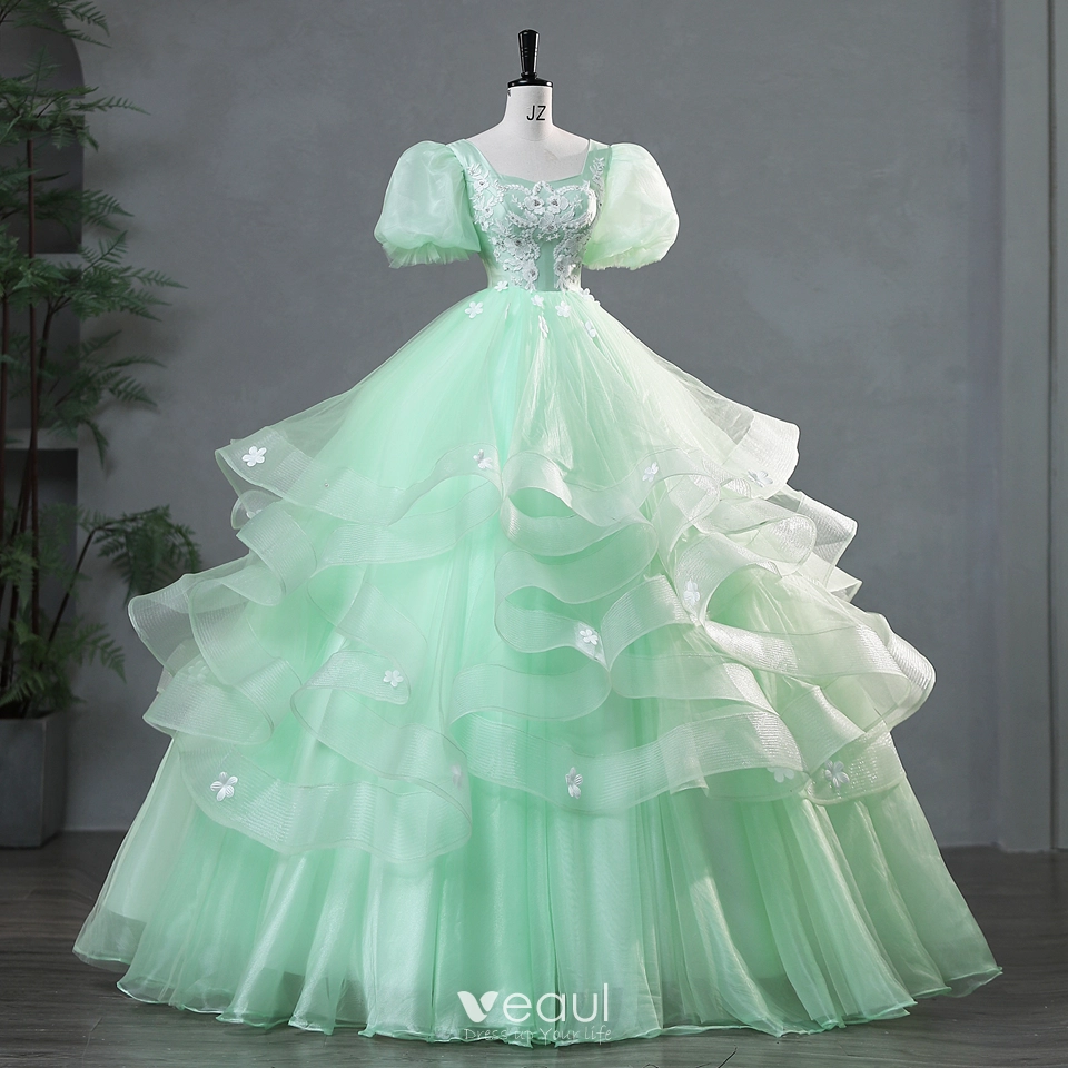 Elegant Sage Green Lace Flower Cascading Ruffles Prom Dresses 2024 Ball Gown Square Neckline Puffy Short Sleeve Backless Floor-Length / Long Prom Formal Dresses Elegant Sage Green Lace Flower Cascading Ruffles Prom Dresses 2024 Ball Gown Square Neckline Puffy Short Sleeve Backless Floor-Length / Long Prom Formal Dresses